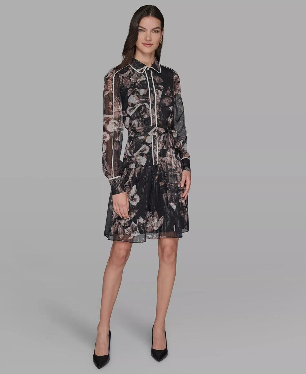 KARL LAGERFELD PARIS Printed Crinkle Chiffon Collared Shirt Dress Size 8 3788